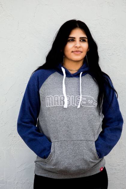 Gray/Blue Pullover Hoodie - Front Female 5'6